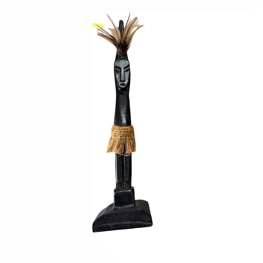 African Style Hand Carved Dark Wood Statue Thinking Man Pot Belly Feathers Twine - Picture 5 of 7
